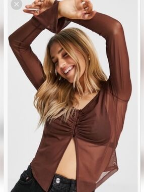 NWT Topshop Brown Mesh Ruched Button Front Sheer Top Y2K. Size Small 4/6